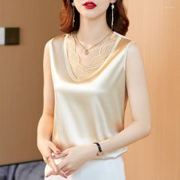 Women's Blouses Satin Blouse Women Sleeveless Top Vest Silk V-Neck Sexy Fashion Elegant Lace Tank Solid Basic OL Ladies