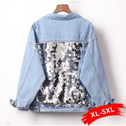 Women's Plus Size Outerwear Coats Plus Size Harajuku Back Sequins Short Denim Jackets 3Xl 4Xl Women Light Blue Three Quarters Sleeve Bomber Jackets Mom Jean 230325