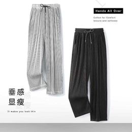 Men's Pants Summer Loose Ice Silk Pants Men's Drape 100KG Size Long Pants Fat Casual Sports Pants Wide Leg Straight Pants Tide Brand W0325