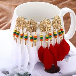 Dangle Earrings Bohemia Fashion White Feather Pendant Rice Bead Fringe Women's Jewelry Wedding