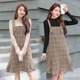 Casual Dresses Women Autumn Plaid Print Brace Strap Dress Sweet Cute Preppy Style Sleevelss A-line