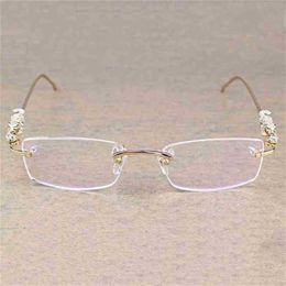Women's fashion designer sunglasses Vintage Leopard Rimless Clear Stone Transparent Glasses Frame Eyewear Men Accessories Oculos Eyeglasses 6384Kajia