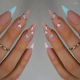 False Nails 3D Fake Set Press On Faux Ongles French Almond Tips Matte Nude Pink Blue Heart Designs Manicure Acrylic Nail