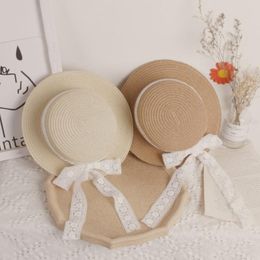 Wide Brim Hats Toddler Kids Baby Summer Woven Straw Sun Hat With Lace Ribbon Bow Floppy Sunscreen Beach Cap Chin Strap