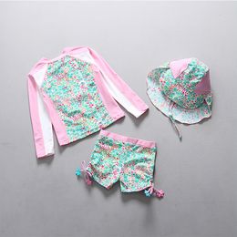 Swim wear Pink Floral Sun Hat 3 Piece Girl wear Children Toddler Baby suit Kids 2 Piece ming Long Sleeves Wear Suit 230325