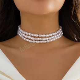 Multilayer Pearl Choker Necklace for Women Wed Bridal Vintage Bead Clavicle Chain Aesthetic Accessories