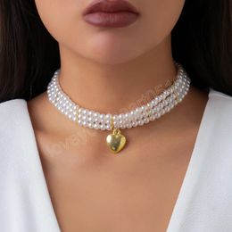 Elegante mehrschichtige weiße Imitationsperlen-Kettenhalskette für Frauen, Brautschmuck, Liebes-Herz-Anhänger, Halsband, Bankett-Schmuck