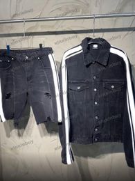 xinxinbuy Men designer Coat Jacket denim destroyed Paris letter Ribbon long sleeve women black khaki blue Grey XS-XL