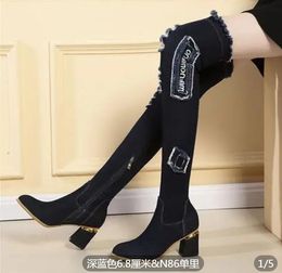 2023 new Womens Denim Boots Over The Knee Pointed Toe Thick High Heels Shoes Woman Casual Tassel Cut Out Jeans Long Botas Mujer