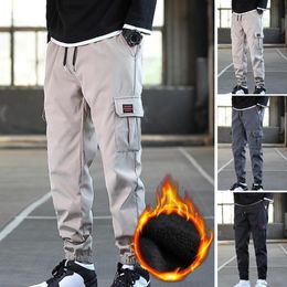 Men's Pants Men Pants Solid Colour Multi Pockets Drawstring Plush Lining Cold Proof Autumn Winter Thicken Ankle Tied Cargo Pants for Working 230325