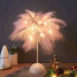 Night Lights New Feather Table Lamp Bedroom LED Night Light ins Girl Heart Bedside Lamp Modern Wedding Decoration Small Lantern Festive Gift P230325