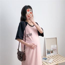Maternity Dresses Women Clothes Gowns Letter Simple Breastfeeding Pregnant Nightdress Summer Maxi Dress Home Long Shirt Cotton Dres