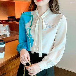 Women's Blouses Ladies Shirts Sweet Girls Printed Bow Tie Women Elegant Korean Fashion Chic Vintage Tops Blusas Y Camisas