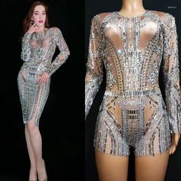 Stage Wear Sexy Rhinestones Dress Long Sleeved Drilled Jumpsuit Women Nightclub Bar Dj Costumes Gogo Dancers Outfits Party DN14672