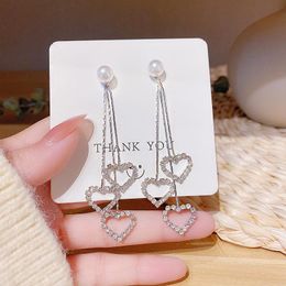 Stud Earrings Summer Delicate Crystal 3 Hollow Heart Pendant Long Chain Tassel Women Girls Elegant Initation Pearl