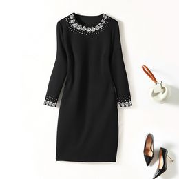 Spring Round Neck Solid Color Beaded Loose Dress Black 3/4 Sleeve Rhinestone Short Casual Dresses C2S123742