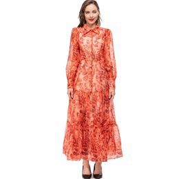 Women's Runway Dresses Turn Down Collar Long Sleeves Printed Buttons Detailing Sash Belt Fashion Designer Vestidos