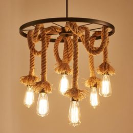 Ceiling Lights American Retro Loft Wrought Iron Rope Pendant Round Wheel Lamp E27 With Edison Bulbs For Cafe Restaurant Bar