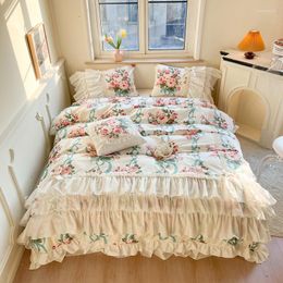 Bedding Sets Egypt Cotton Lace Ruffles Princess Set Luxury Korean Style Flowers Printing Duvet Cover Bedspreads Bed Skirt Pillowcases