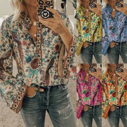 CINESSD 2023 Women Print Blouses Casual Loose Tops Stand V Neck Long Sleeves Button Plus Size Pullover Female Tee Shirts Blouse