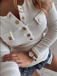 Women's T Shirts Autumn Women's Long Sleeved Casual Button T-shirt Tops Ladies Slim Fit Pure Colour 2023