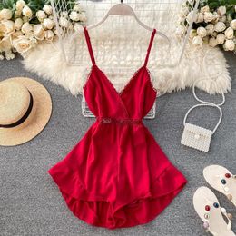 Women's Jumpsuits & Rompers Gagaok 2023 Beach Style Playsuits Summer Solid Sexy Hollow Out Slim Chic Sweet Casual Wild Female Fashion Korean