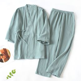 Women's Sleepwear Men and Women 100% Cotton Pyjamas Plus Size Loose Bathrobes V-Neck Kimono Pijama Mujer Three Quarter Sleepwear Couple Loungewear 230325