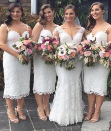 Bridesmaid Dresses White 2023 Sheath Sleeveless Lace Spaghetti Straps Tea Length Beach Plus Size Wedding Guest Gowns Custom Made Formal Evening Wear