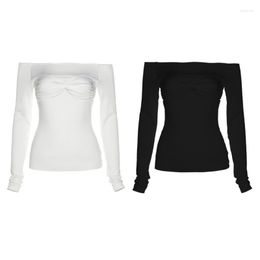 Women's T Shirts 40GC Womens Sexy Mesh Off Shoulder Long Sleeve T-Shirt Ruched Knotted Front Crop Top