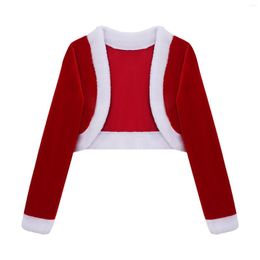 Jackets Red Kids Girls Christmas Costume Long Sleeves Faux Fur Trim Velvet Short Cardigan Coat Crop Jacket Cosplay For