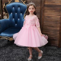 Girl Dresses 2023 Lovely Girl's Party Formal Dress Pompous Princess Bow Middle Sleeve Children's Flower Garment For Kids 2-10 Years