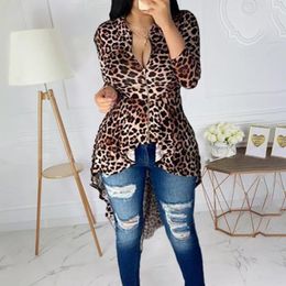 Women's Blouses Sexy Leopard Printed Long Sleeve Blouse Women Fashion 2023 African Female Asymmetrical Peplum Shirts Zipper Top Streetwear