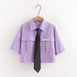 Women's Blouses Korean Fashion Purple Short Sleeve Shirts Women Harajuku Style Black Tie Front Crop Top Summer Vintage White Button Up Shirt