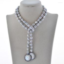 Chains Z10280 35" 24mm White Coin Gray Baroque Freshwater Pearl CZ Necklace