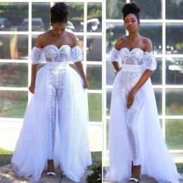 2023 Gorgeous Jumpsuit Wedding Dresses Bridal Gown Lace Applique Short Sleeves Overskirt Sweep Train Plus Size Custom Made Garden Beach Vestido De Novia 401 401