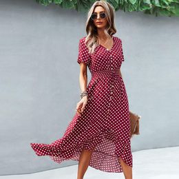 Casual Dresses Summer Long Dress Polka Dot Wine Red Sexy V Neck 2023 Sundress Vacation Clothes For Women Fitted
