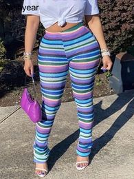 Women's Pants Capris year Sexy High Waist Leggings Joggers Colorful Striped Knitted Stacked Flare Pants for Women Clothing Street Trousers Oufit 230325