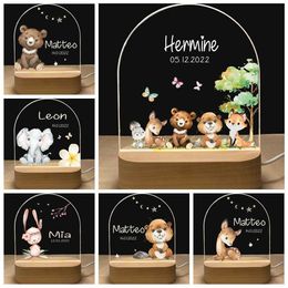 Night Lights Personalized Baby Birth Night Light Custom Name Animal Elephant Lion with USB Wood Base Lamp for Bedroom Table Rainbow Decor P230325