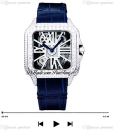 Tom Holland Dumont Swiss Ronda Quartz Mens Watch Paved Diamonds WHSA0007 Fully Iced Out Diamond Case Skeleton Roman Dial Blue Leather Super Edition Puretime D4