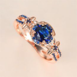 Wedding Rings Charm Female Blue Crystal Ring Vintage Rose Gold Color Flower Luxury Round Zircon Engagement For Women