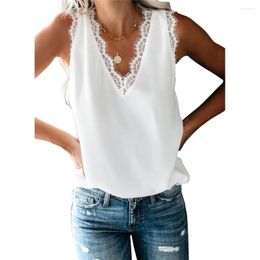 Women's Blouses Tank Tops For Women Casual Solid Apricot Black Blue Grey Green White Vest Top V Neck Lace Trim Sleeveless Loose Blouse 2023