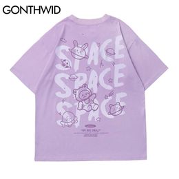 Men's T-Shirts GONTHWID Harajuku Tshirts Cartoon Bear Rabbit Space Short Sleeve Tees Shirts Streetwear Hip Hop Fashion Casual Cotton Loose Tops 230325