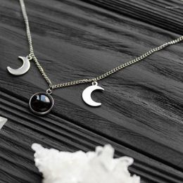 Chains Gothic Black Obsidian Agate Moon Phases Necklace Mystical Witchy Pendant Statement Charm Women Gift Handmade Jewellery