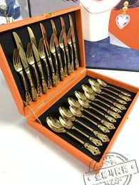 Dinnerware Sets Light Luxury Stainless Steel Knife Fork And Spoon 24 Gifts Orange Gift Box Set High-End Exquisite El Western Tableware