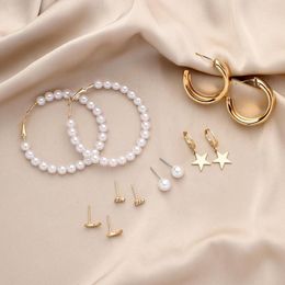 Stud Earrings WANGAIYAO2023 Personality Trend Simple Five-pointed Star Pearl Love Moon Earring Small Fresh Temperament Set
