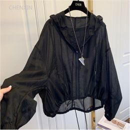 Women's Jackets Women Hooded Summer Sun-proof Zipper Coats Thin Loose See Through Outerwear Breathable Outwear Lightweight Clothes Black 230325