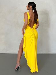 Casual Dresses Sexy Backless Maxi Dress Women Fashion Ruffle Irregular Slim Evening Party Summer Yellow Strap Sleeveless Long 2023