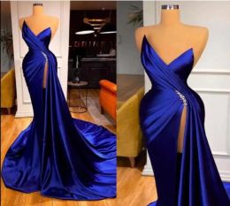 2023 Royal Blue Prom Dresses Designer Satin Beaded With Overskirt Pleats High Split Custom Made Evening Gown Formal Ocn Wear Vestidos Plus Size 401 401