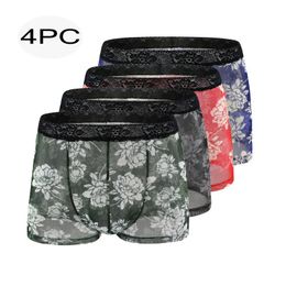 Underpants 4pcs Men's Underwear Boxer Briefs Sexy Lace Printed Transparent Breathable Trunks Man High Quality Panties #4