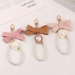 Fashion Heart Pearl Chain Keychain Women Handbag Charms Car Key Rings With Cloth Bowknot Pendant Jewellery Gifts
